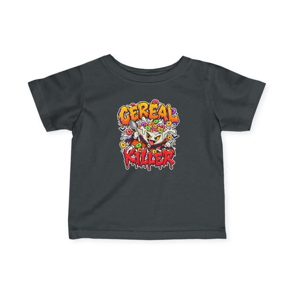 Colorful Cereal Killer baby shirt with cartoon cereal bowl