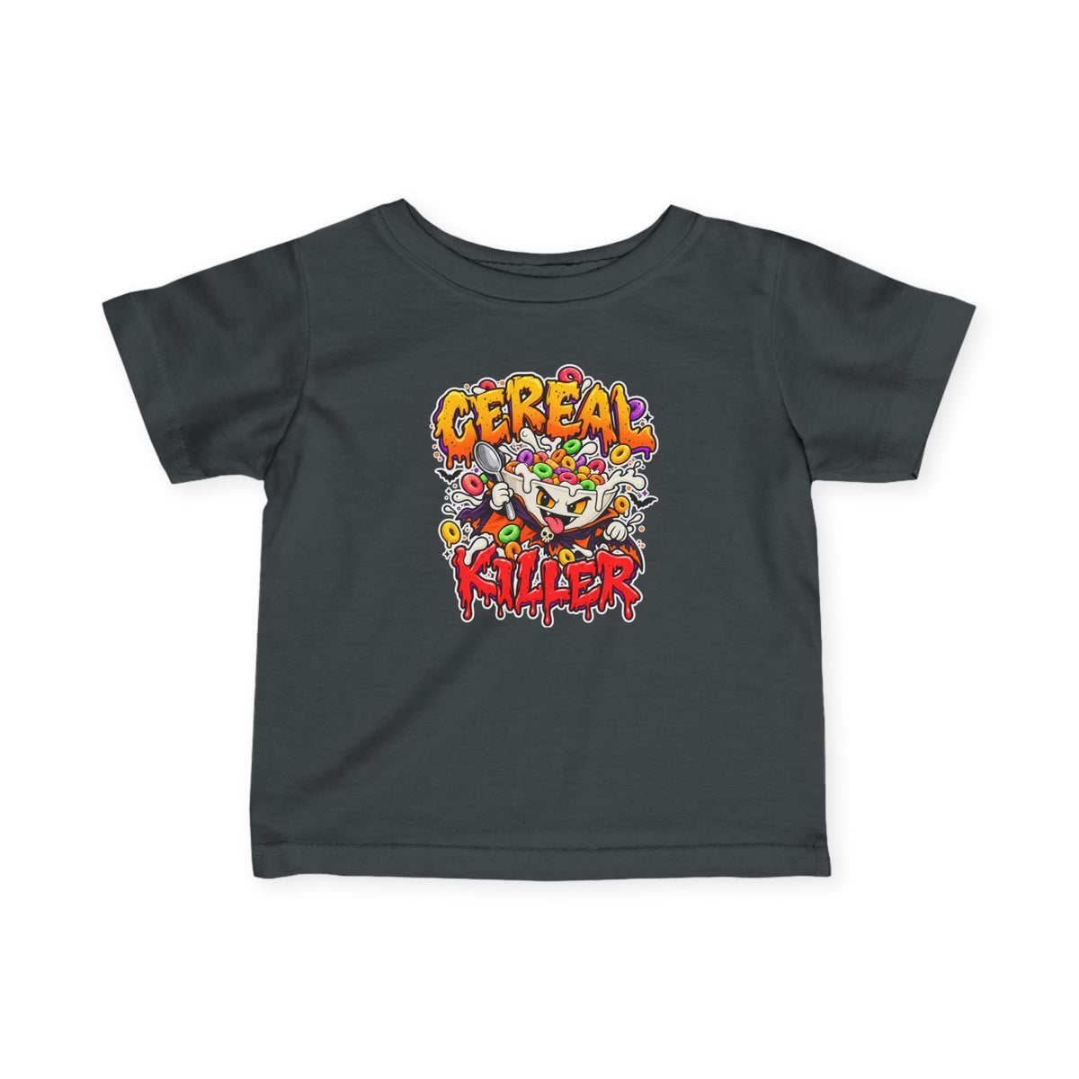 Colorful Cereal Killer baby shirt with cartoon cereal bowl