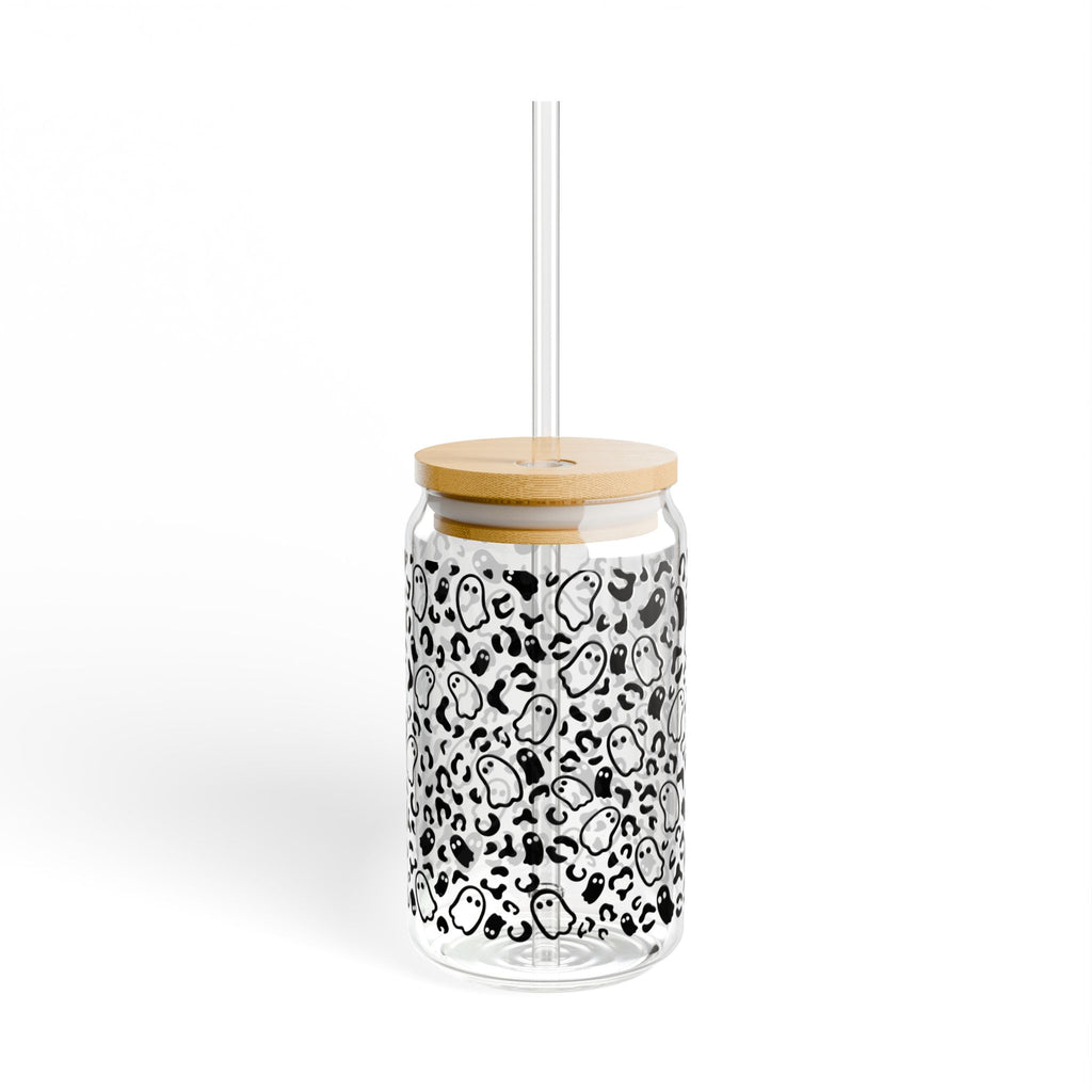 Ghost and leopard print 16 oz glass cup with bamboo lid and straw