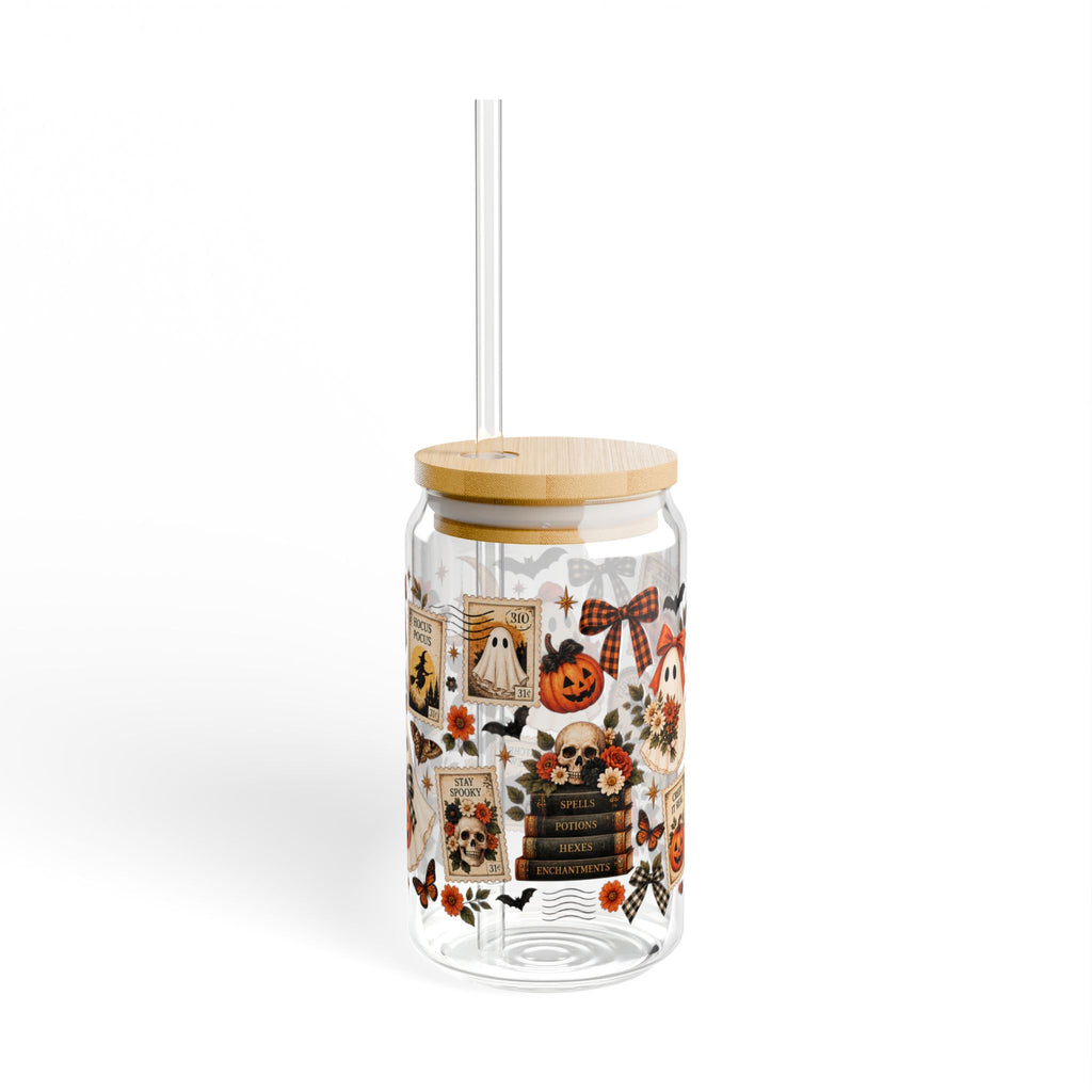 Vintage Halloween Stamp glass cup with bamboo lid