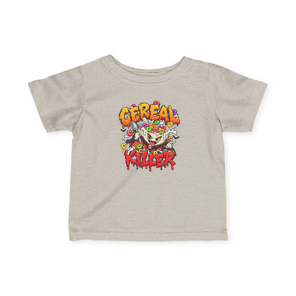 Cereal Killer baby tee in black with spooky cereal design