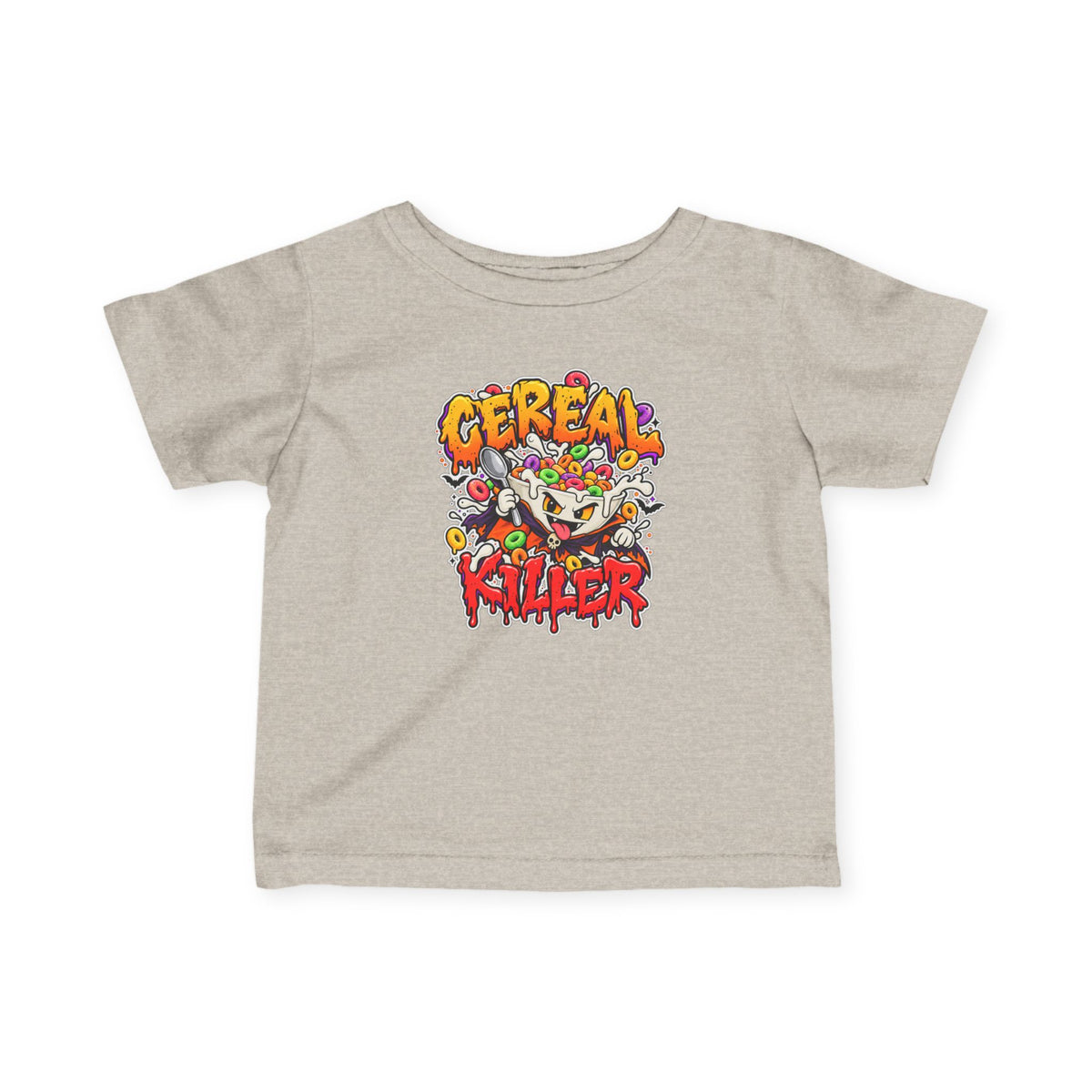 Cereal Killer baby tee in black with spooky cereal design