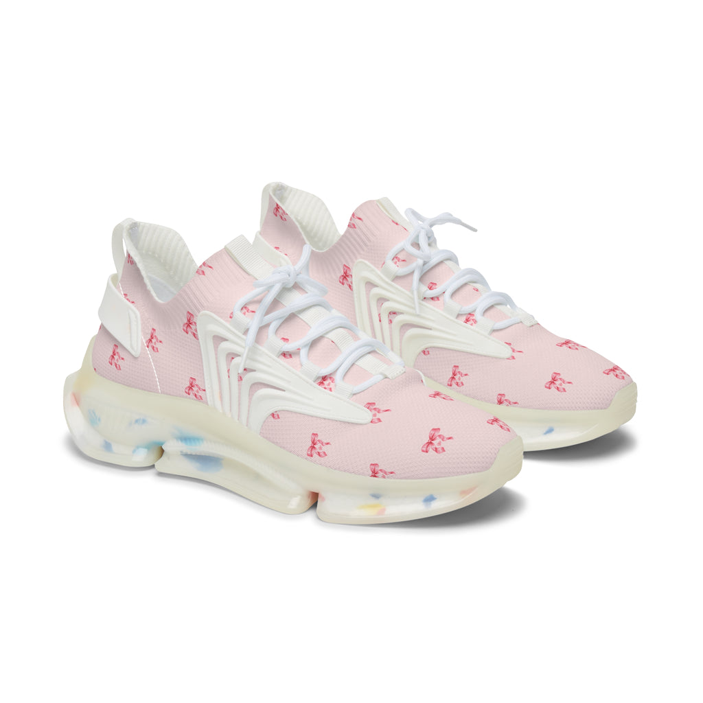 Women's coquette bow and heart mesh sneakers with pink pattern and white sole