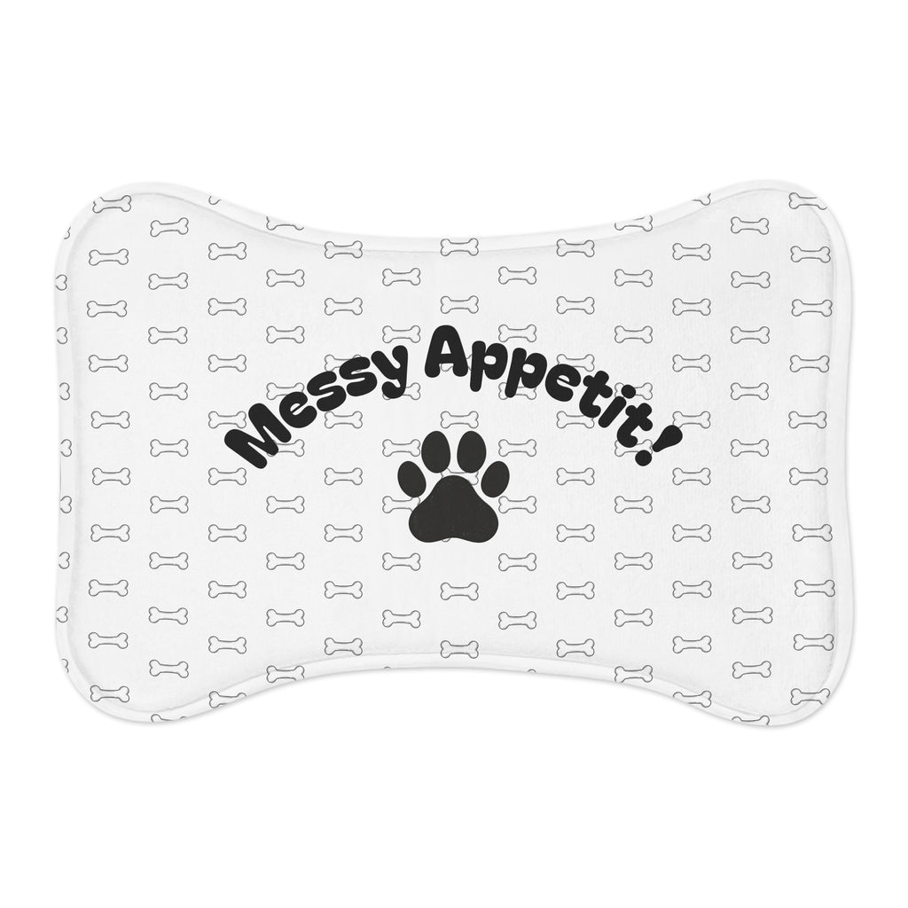 Messy Appetite bone-shaped pet feeding mat with paw and bone pattern