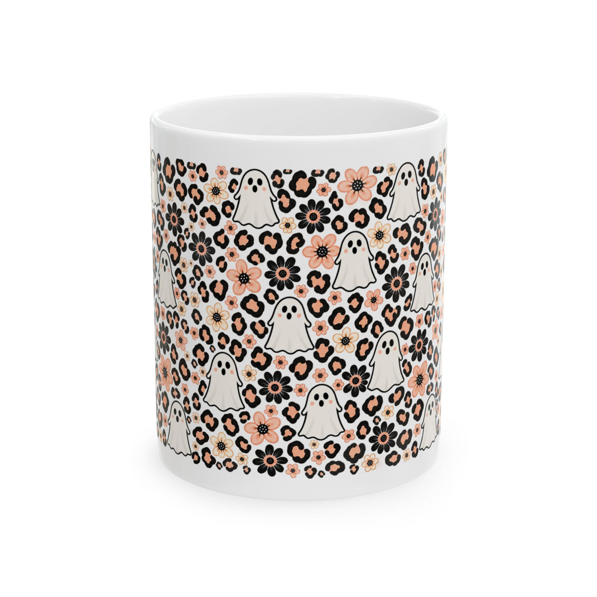 Cute Ghosts & Floral Leopard Print Ceramic Mug