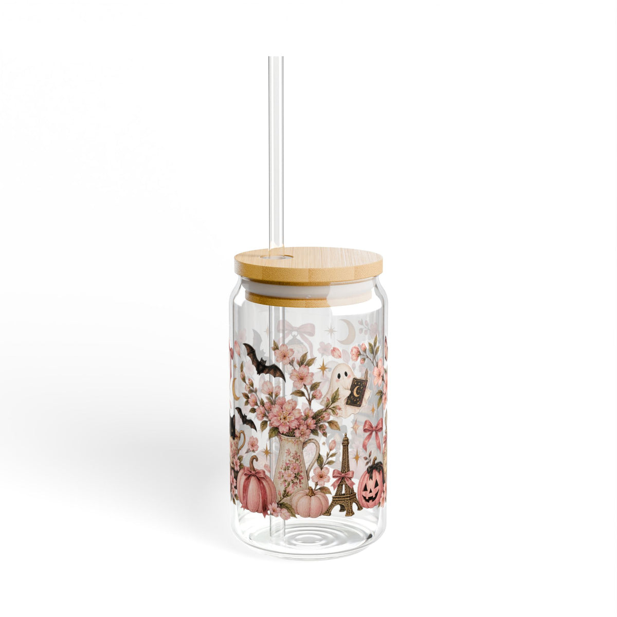 Vintage Halloween Coquette glass cup with bamboo lid