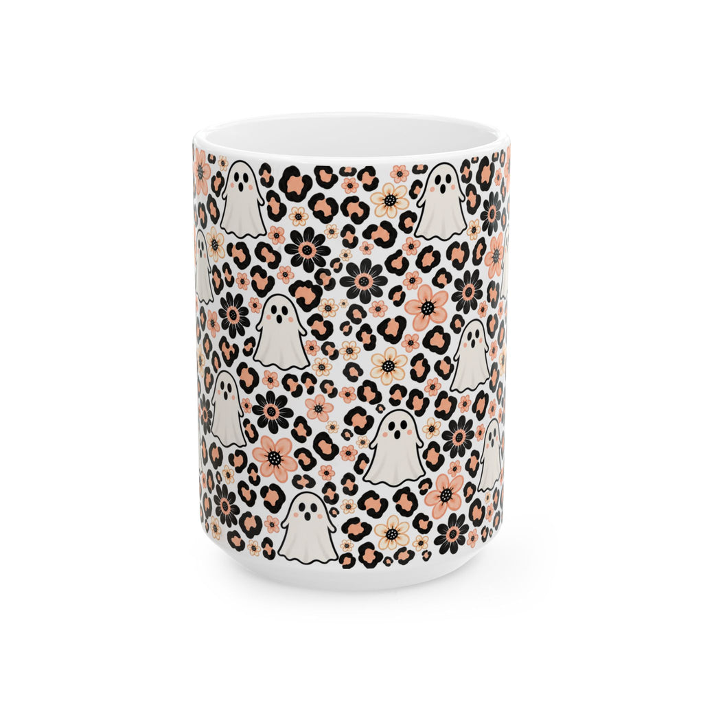 Cute Ghosts & Floral Leopard Print Ceramic Mug