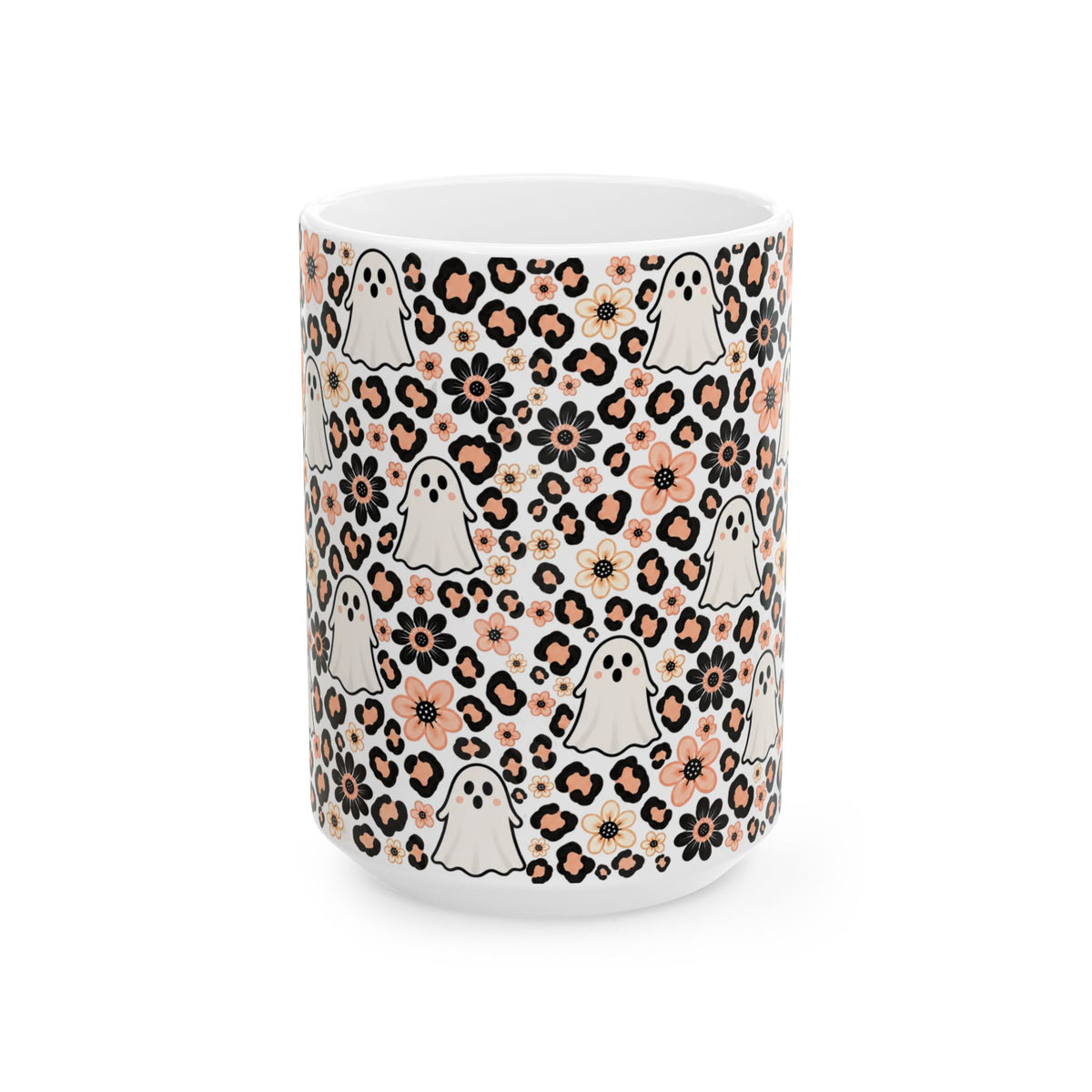 Cute Ghosts & Floral Leopard Print Ceramic Mug