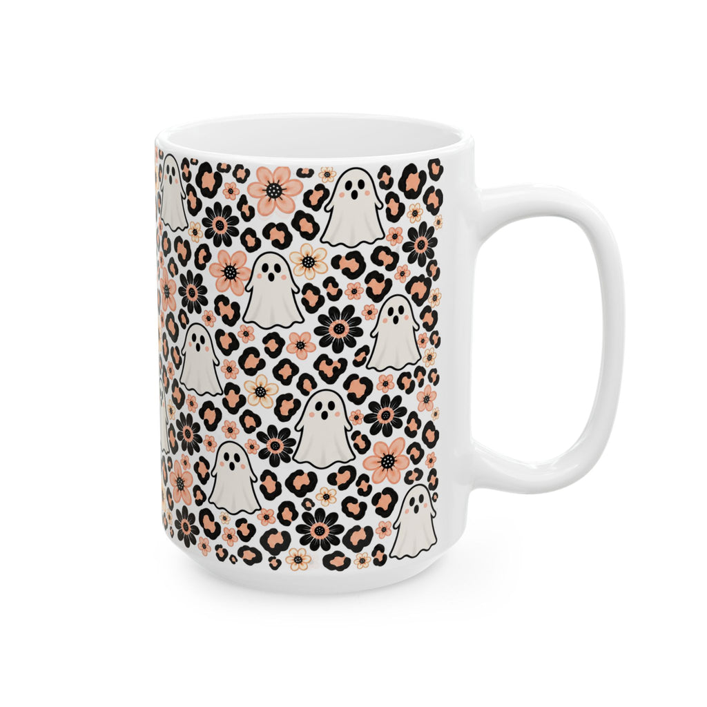 Cute Ghosts & Floral Leopard Print Ceramic Mug