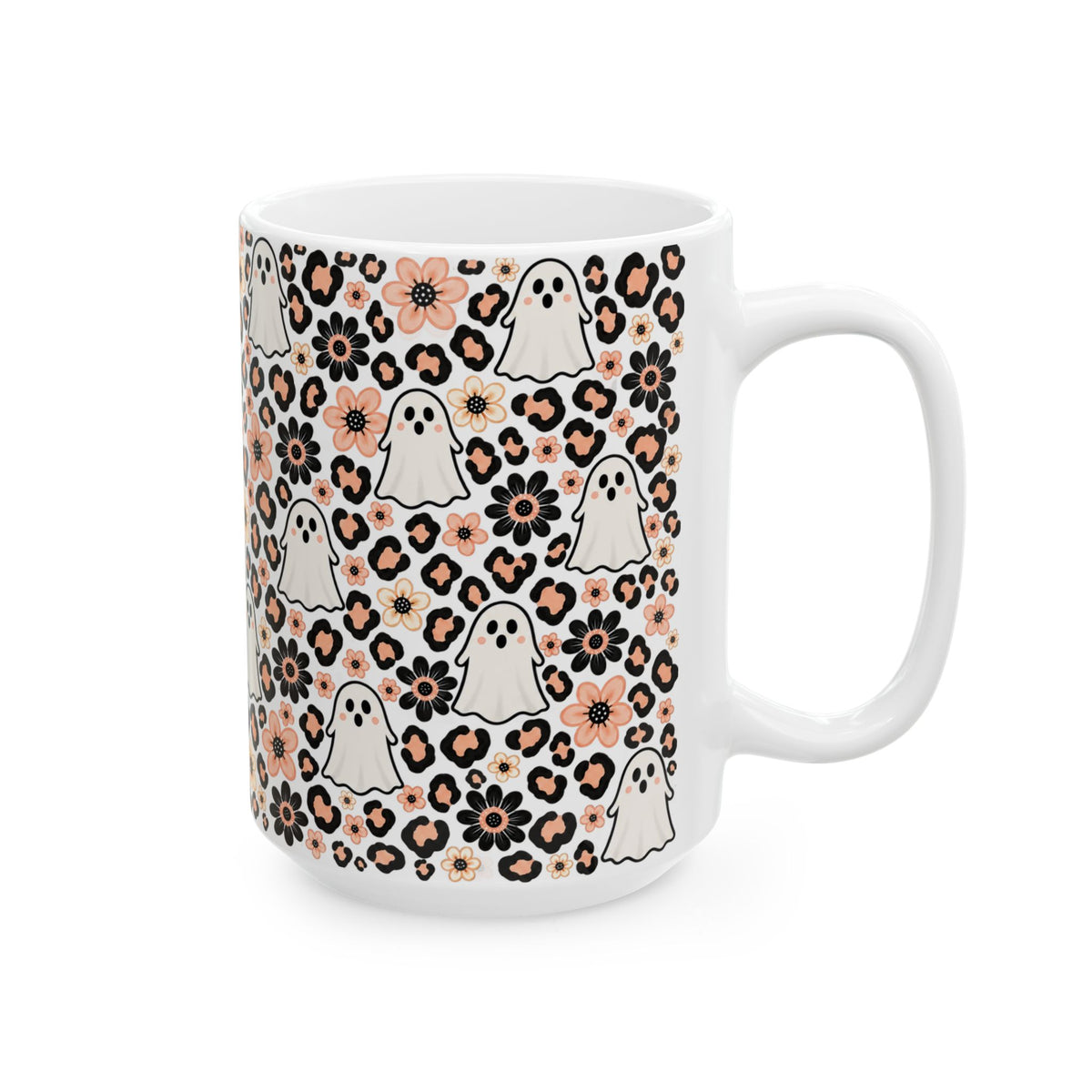 Cute Ghosts & Floral Leopard Print Ceramic Mug