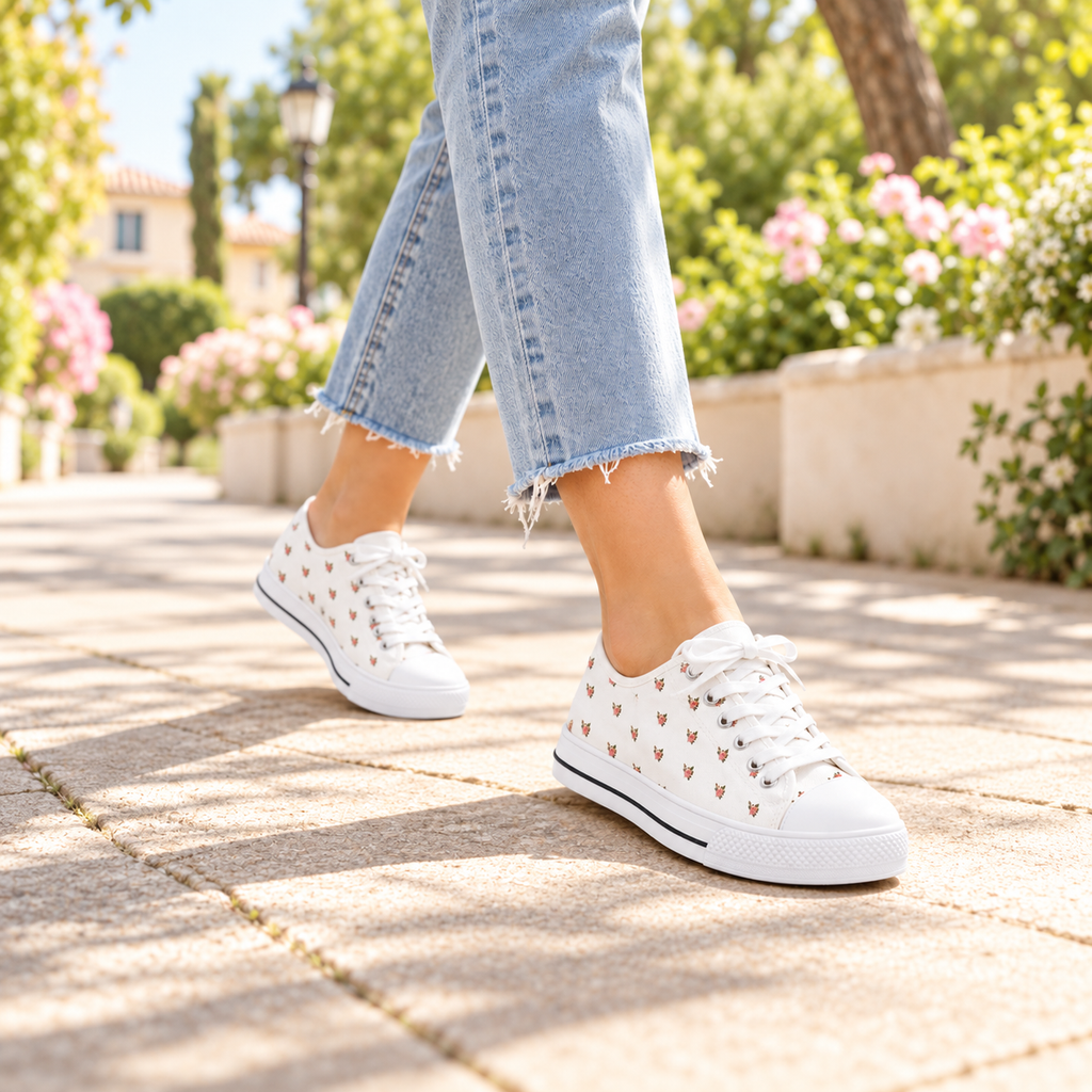 Tiny Rose & Leaf Canvas Sneakers | Floral Low Top Shoes