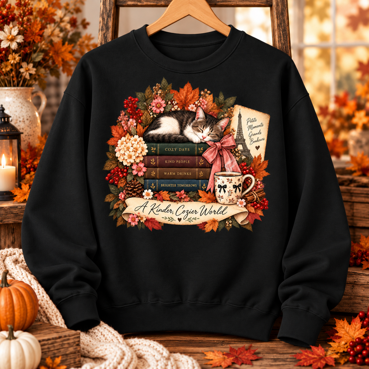 Grace Upon Grace sweatshirt front design with books florals and warm drinks