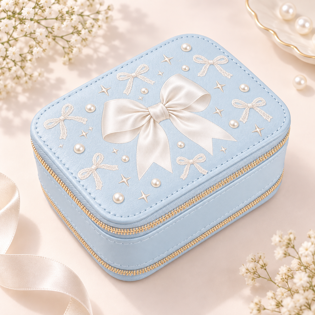 Light blue travel jewelry box with white bow and double zipper