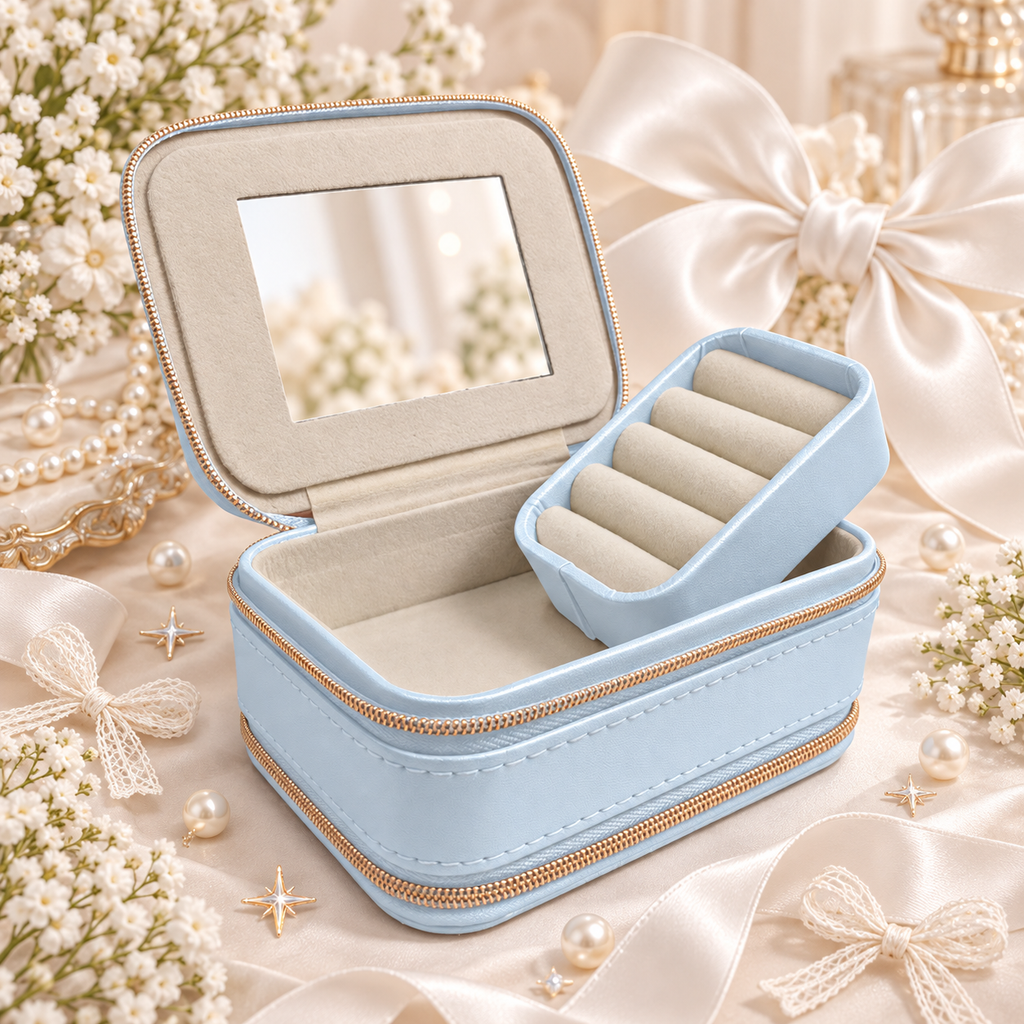 Light blue bow jewelry organizer with compartments for rings earrings and necklaces