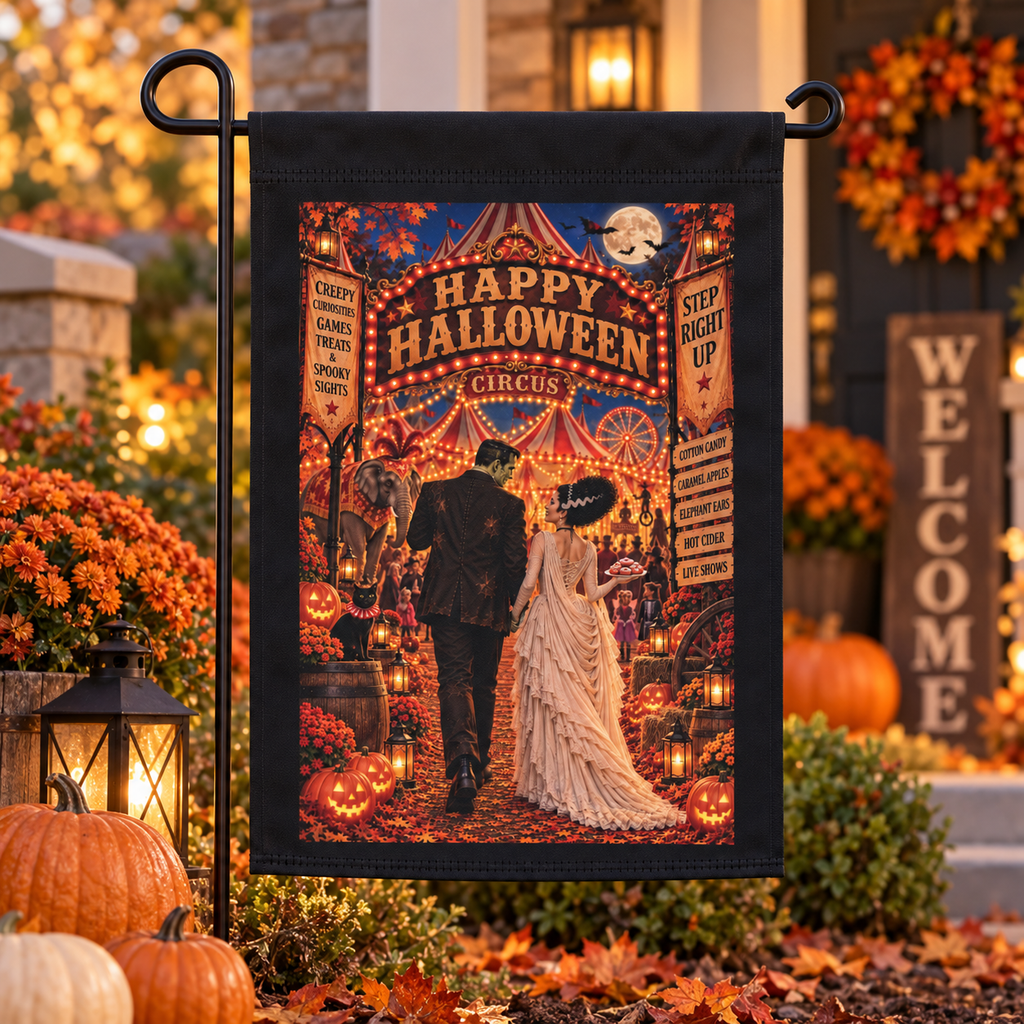 Halloween Circus Garden Flag with spooky carnival artwork