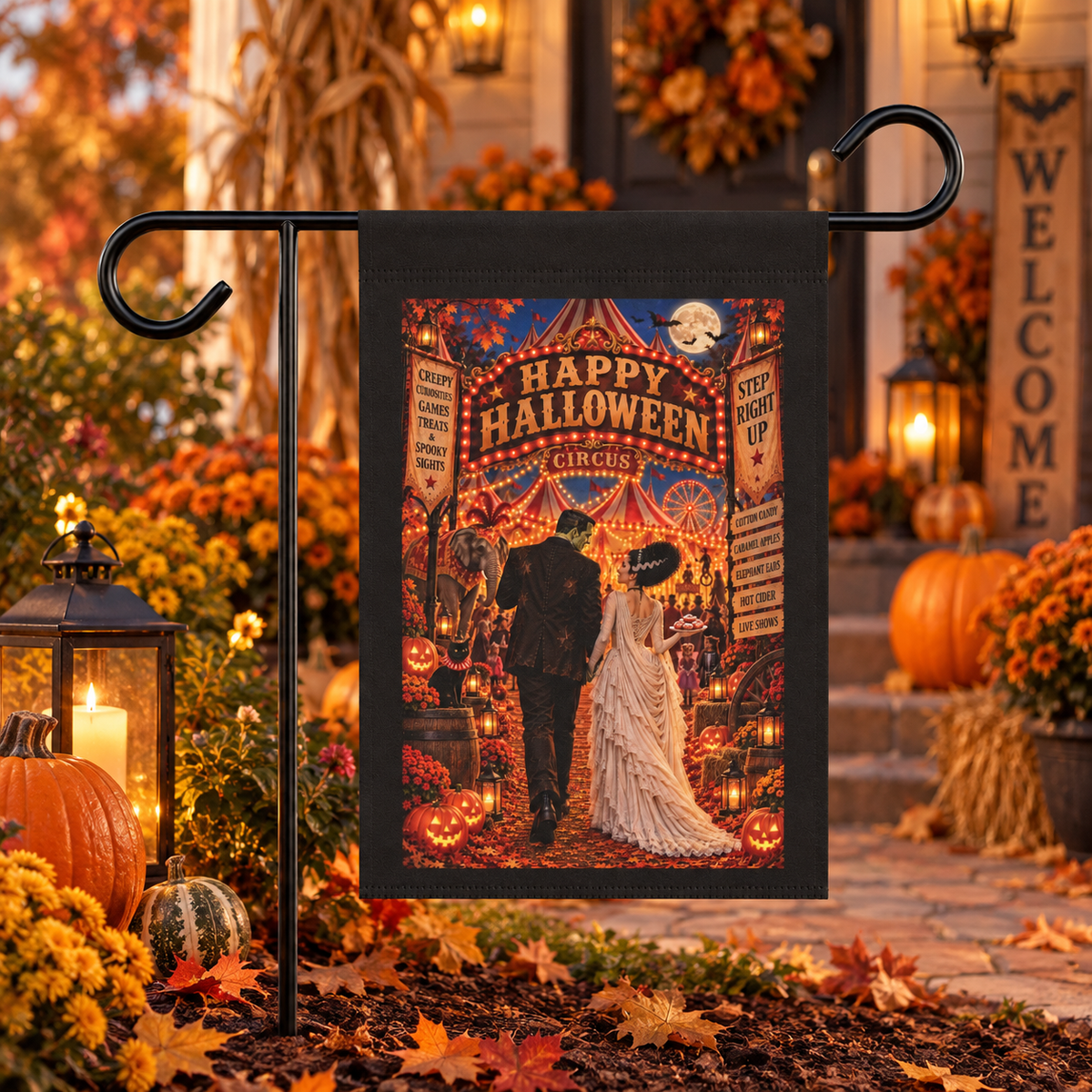 Halloween Circus Garden Flag with Frankenstein Bride pumpkins and vintage carnival scene