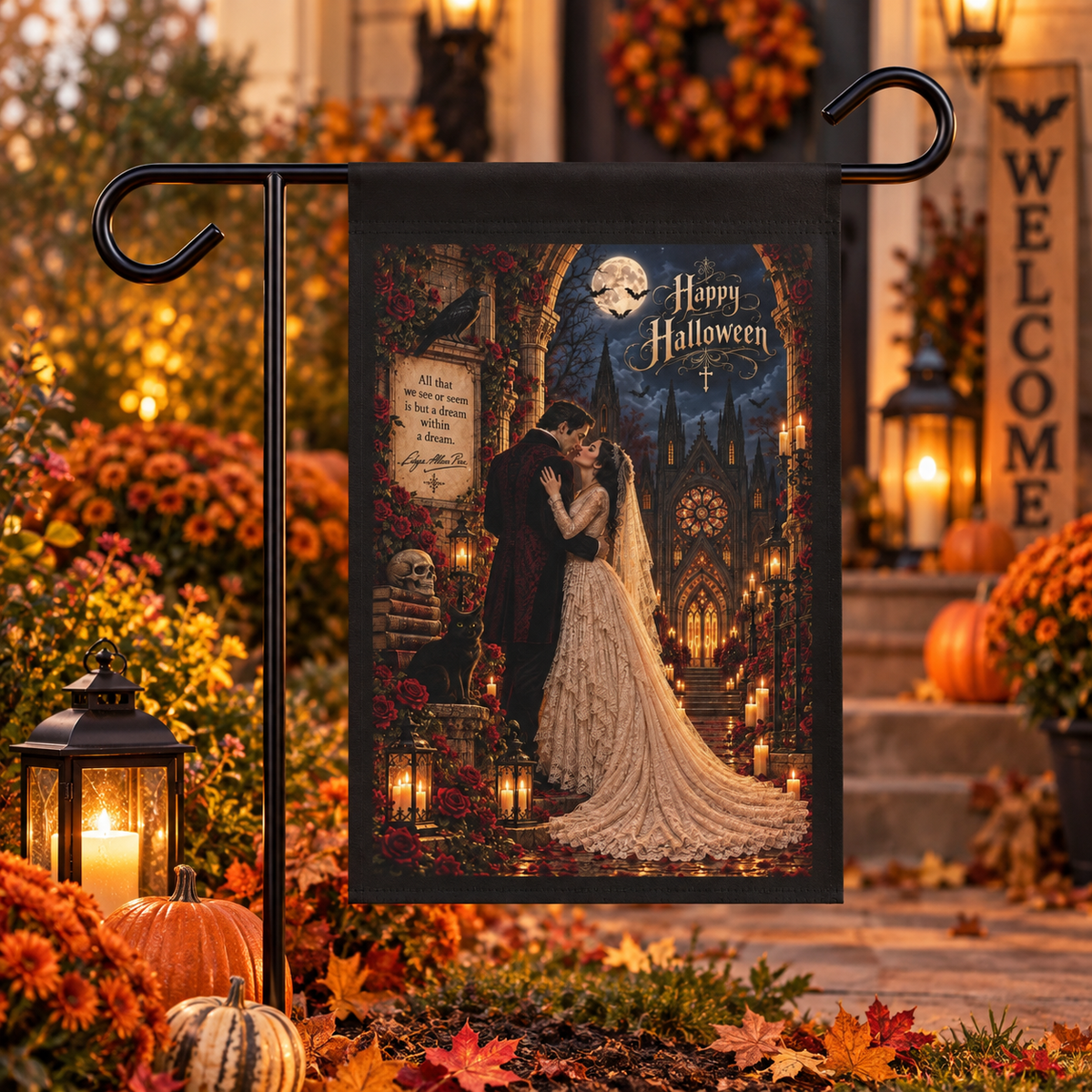 Gothic Romance Halloween Garden Flag with moonlit cathedral roses ravens and couple