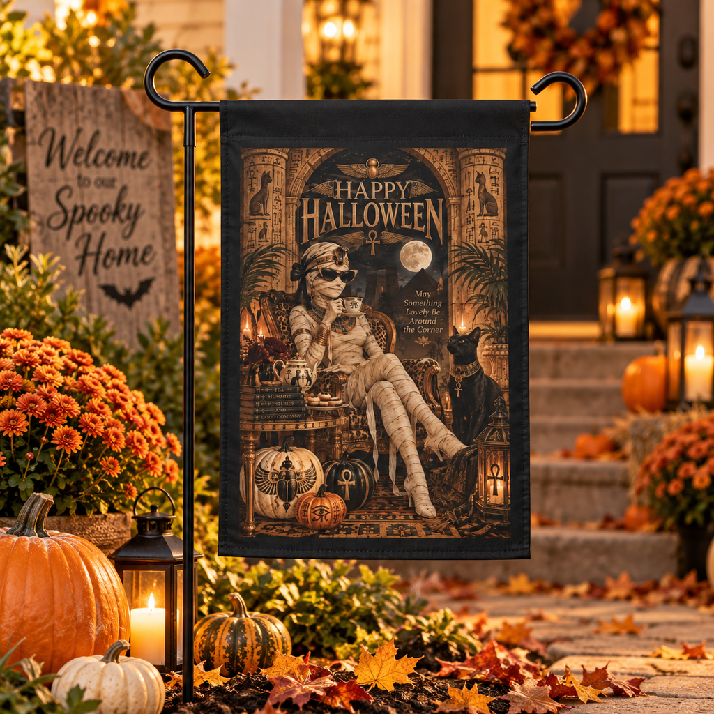 Mummy's Halloween Tea Garden Flag with Egyptian mummy lanterns pumpkins and black cat