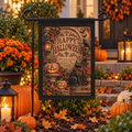 Carved Stone Halloween Garden Flag with lanterns pumpkins ivy and black cat