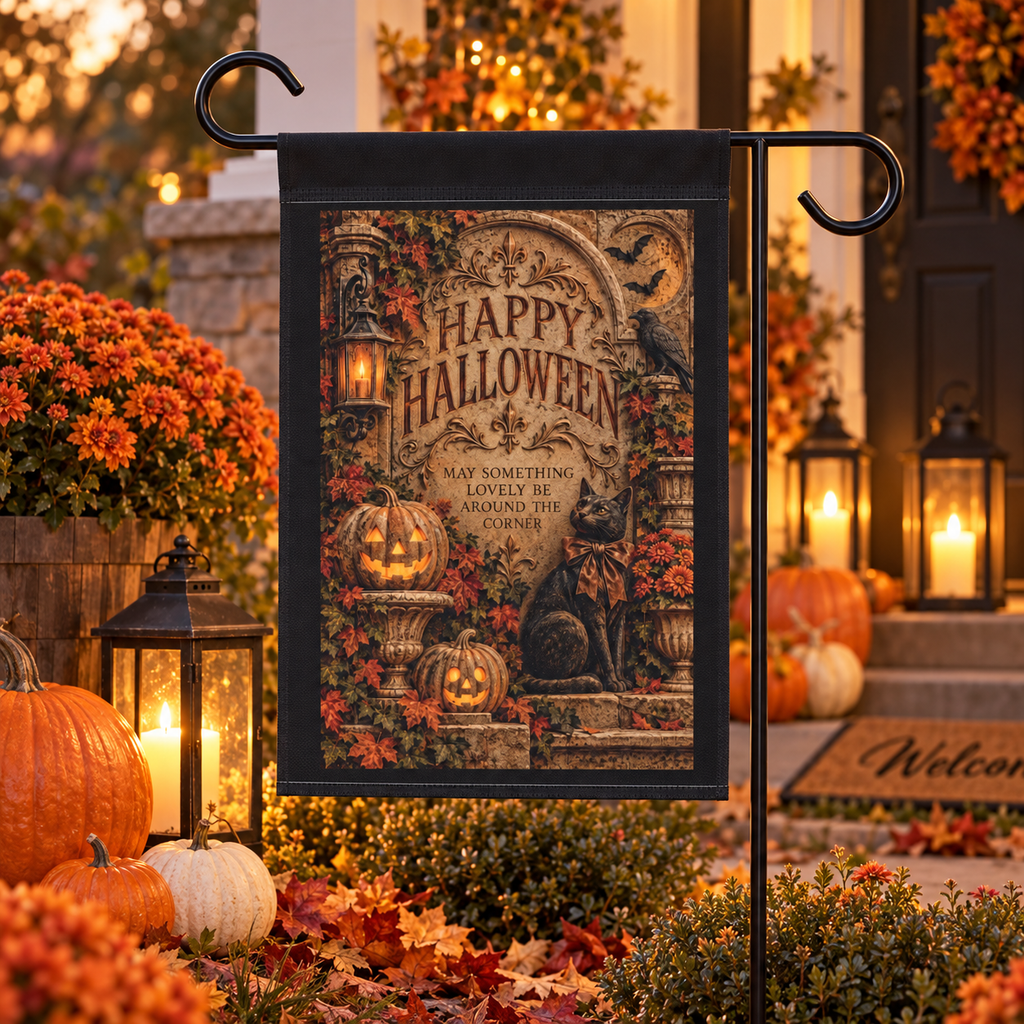 Gothic fall garden flag with carved stone Happy Halloween design