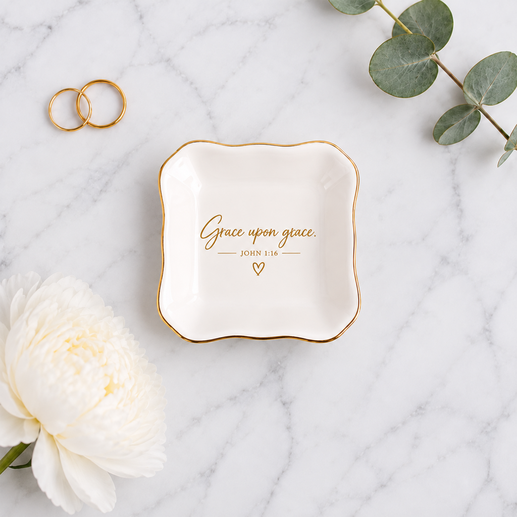 Grace Upon Grace Christian jewelry dish in round and square shapes