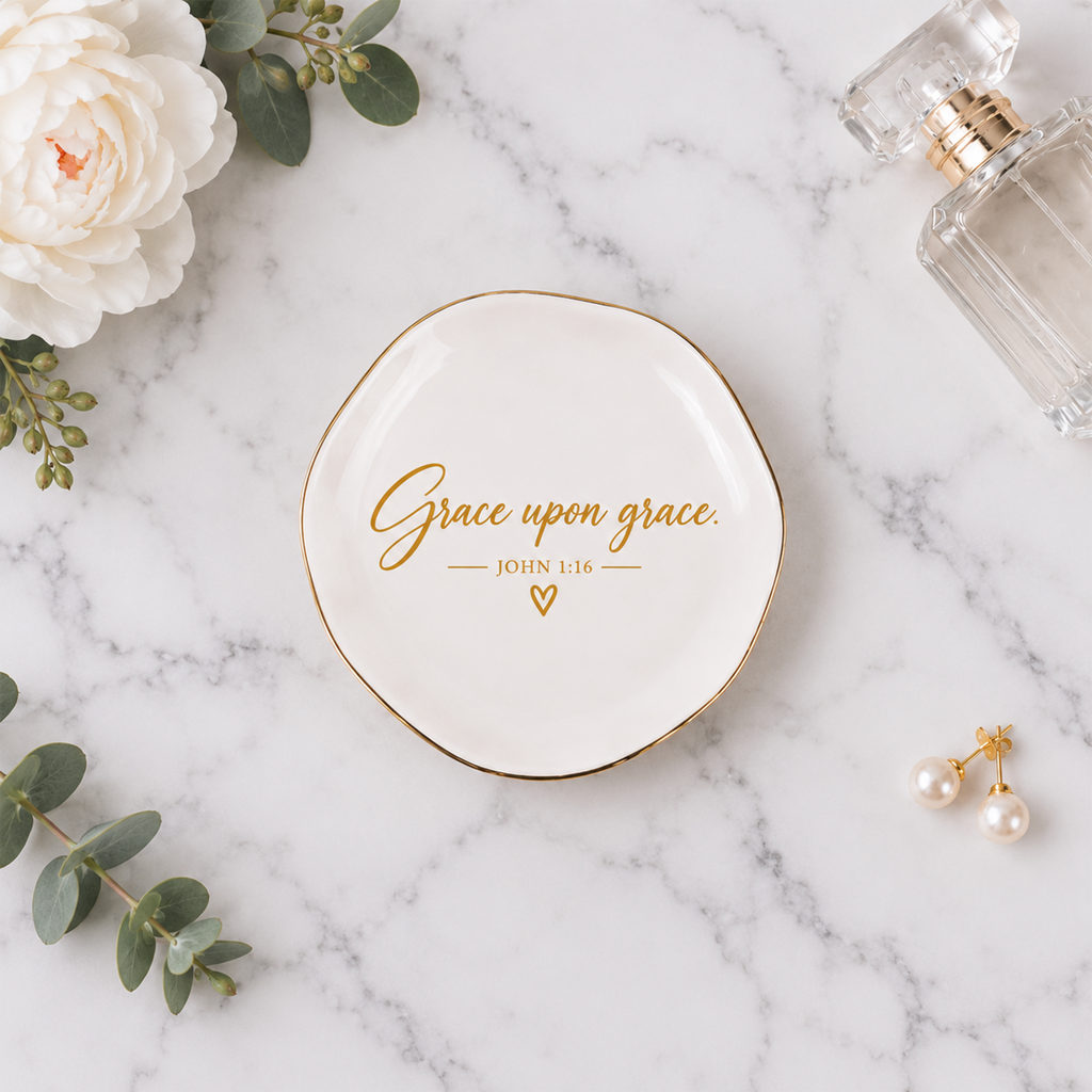 Grace Upon Grace ceramic trinket tray in heart shape