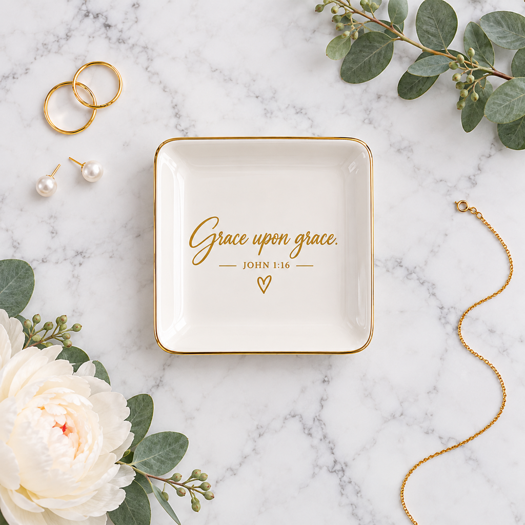 Grace Upon Grace ceramic jewelry dish with John 1:16 and gold rim