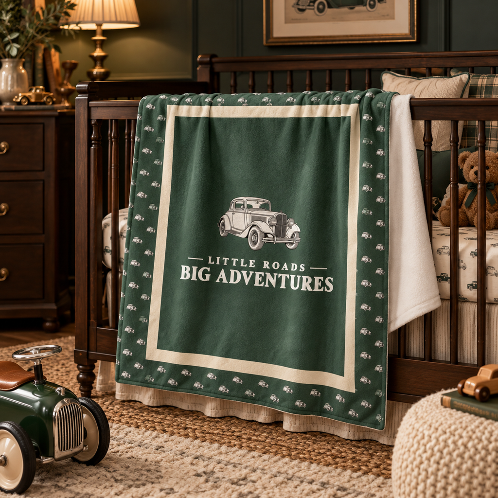 Little Roads Big Adventures Baby Blanket | Vintage Car Nursery Blanket