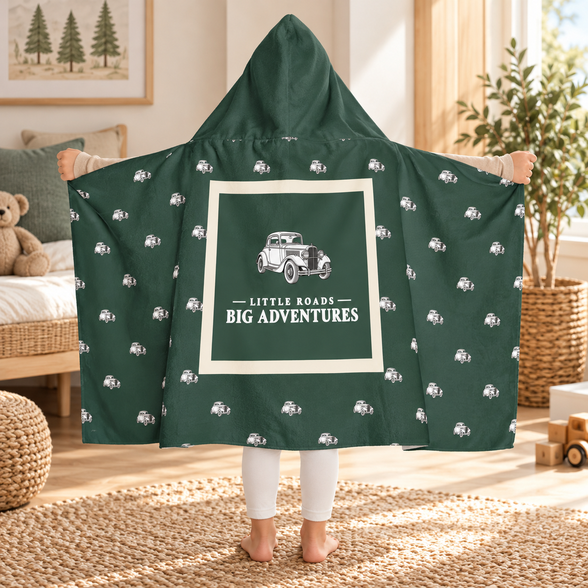 Little Roads Big Adventures Kids Hooded Towel | Vintage Car Bath Towel