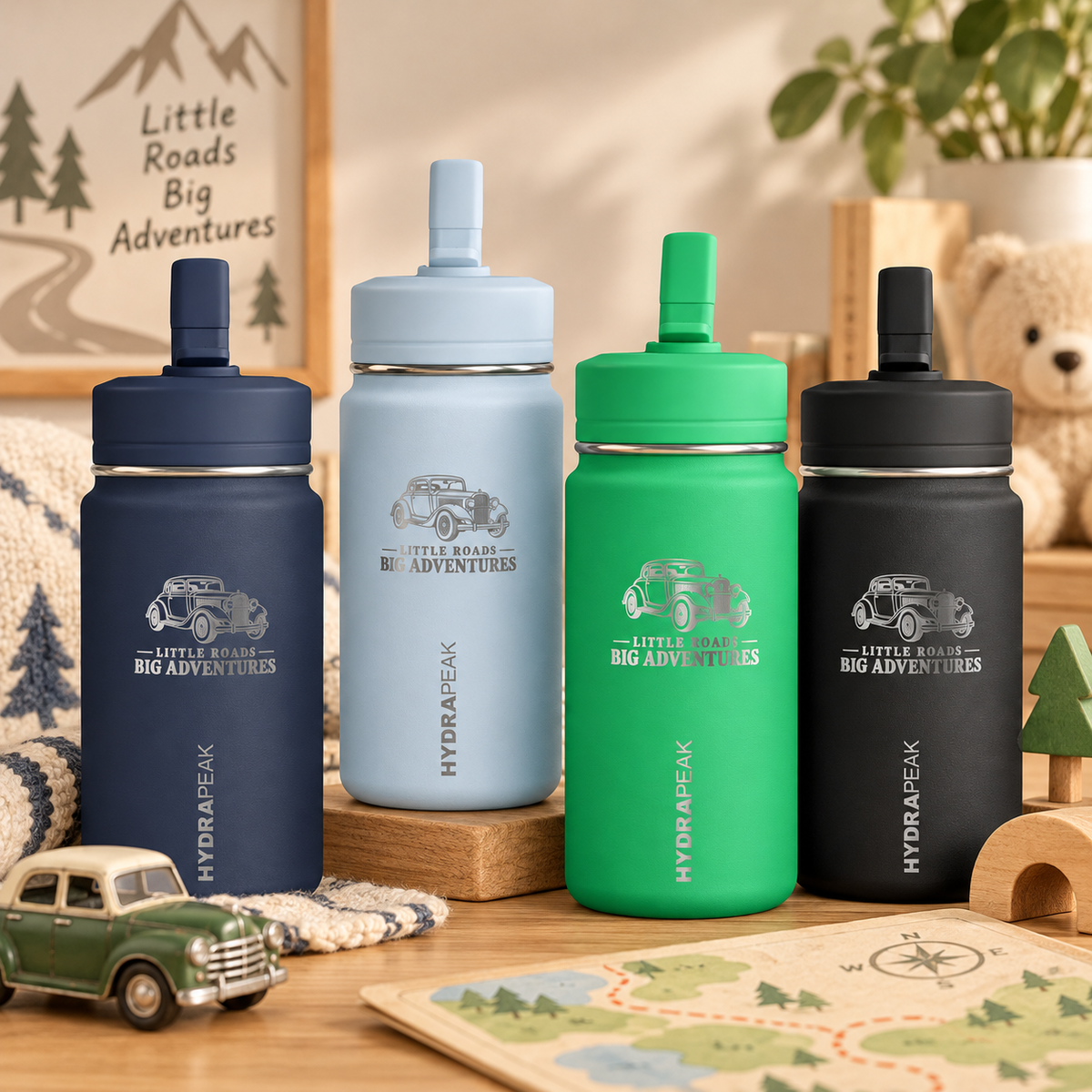 Little Roads Big Adventures Kids Water Bottle | 14 oz Vintage Car Bottle