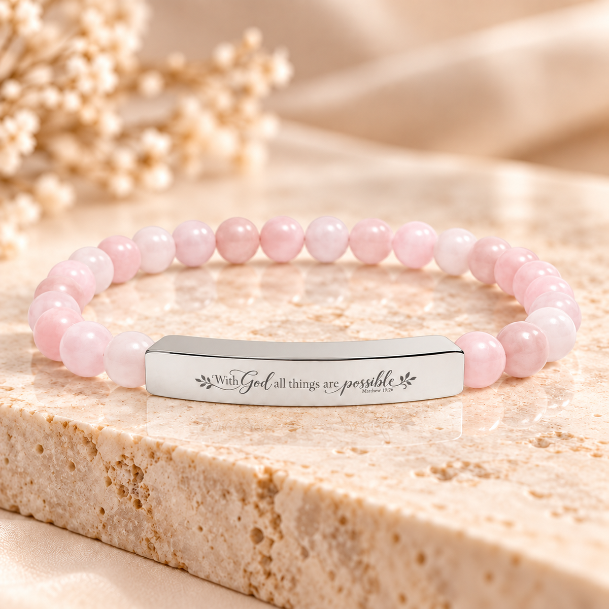 Jane & Lexi scripture beaded bracelet, With God All Things Are Possible engraved bar detail
