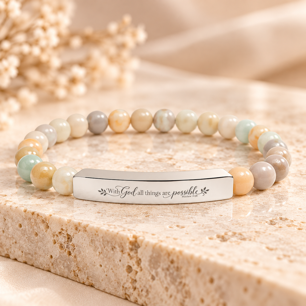 Jane & Lexi With God All Things Are Possible beaded gemstone bracelet, engraved Matthew 19:26 faith jewelry
