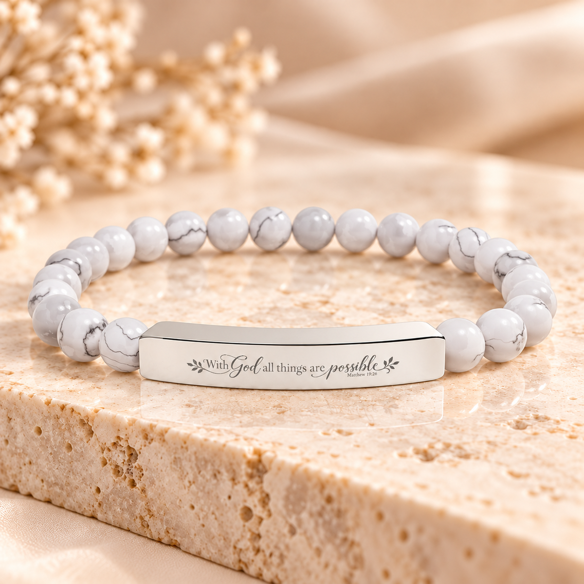 With God All Things Are Possible faith bracelet with engraved metal bar and round gemstone beads