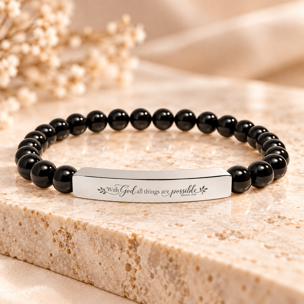 Christian gemstone stretch bracelet featuring Matthew 19:26 scripture engraving by Jane & Lexi