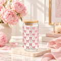 Jane & Lexi Blush Bow 16 oz clear glass sipper tumbler with repeating pink bows, bamboo lid and reusable clear straw
