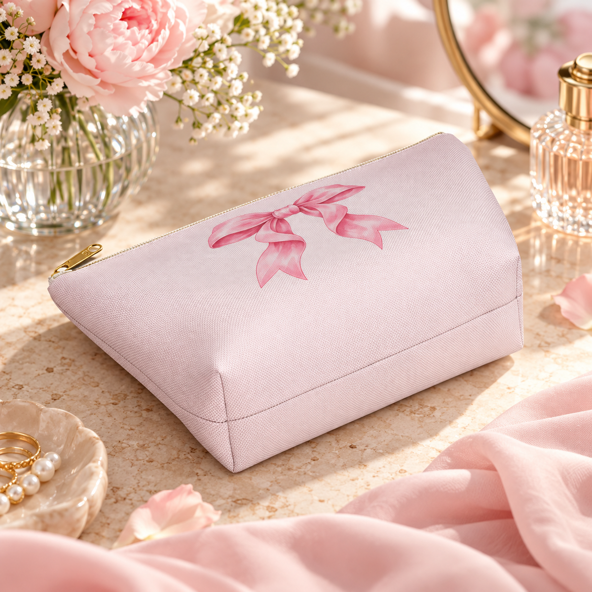 Pink ribbon bow accessory pouch product photo with shaped base and zipper detail