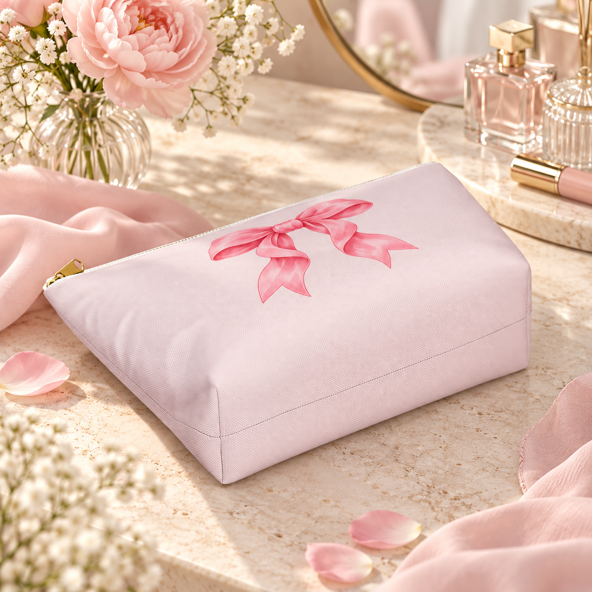 Blush bow accessory pouch product photo showing pale pink fabric, ribbon print and zippered construction