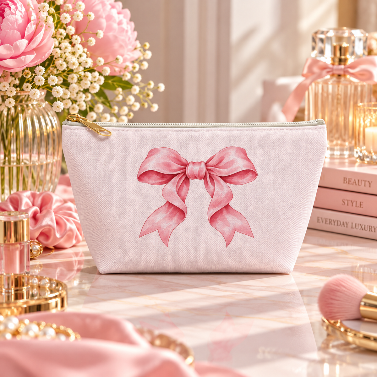 Small blush-pink bow cosmetic accessory pouch with white zipper and gold-tone pull, front view
