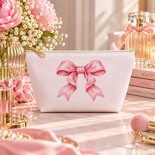 Small blush-pink bow cosmetic accessory pouch with white zipper and gold-tone pull, front view