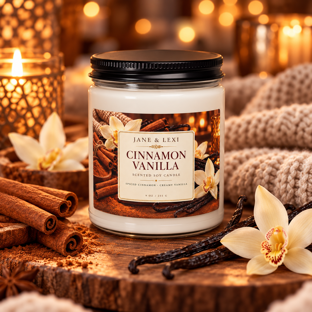 Cinnamon Vanilla Scented Soy Candle | 9 oz