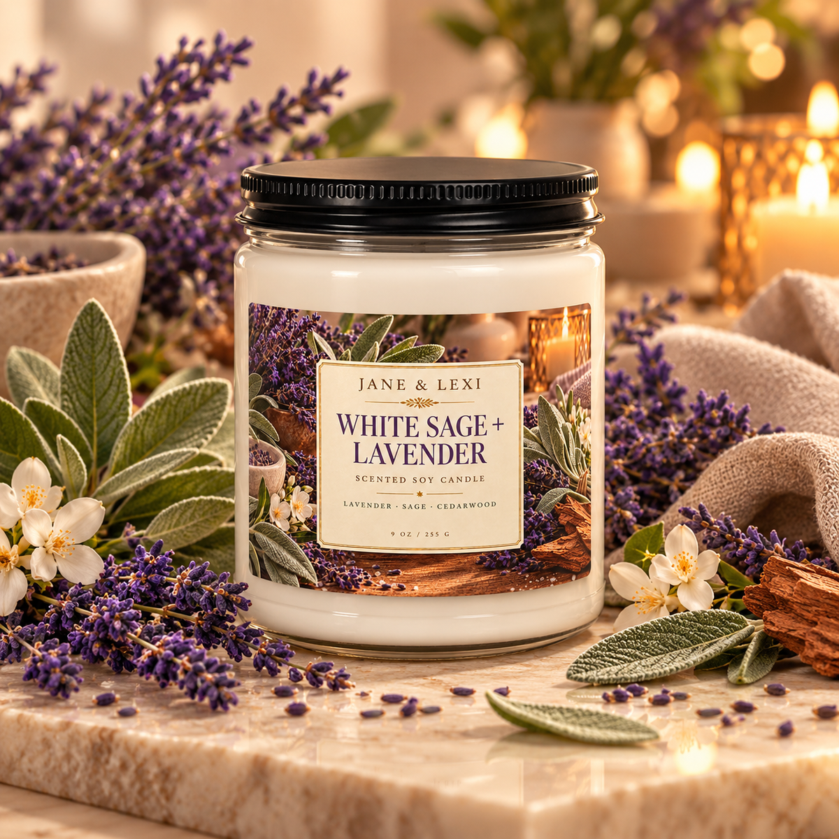 White Sage + Lavender Scented Soy Candle
