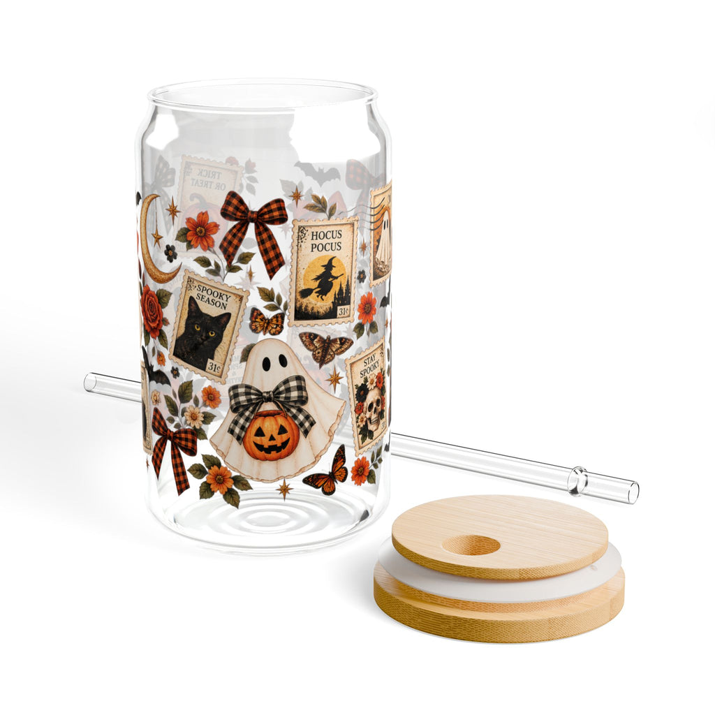 Vintage Halloween Stamp glass cup with reusable straw