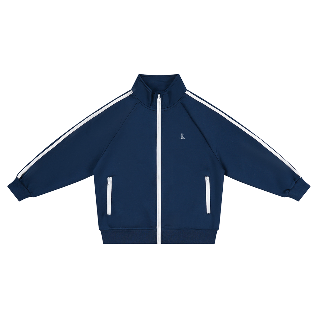 Boys royal blue contrast stripe sport jacket with stand collar and zip pockets