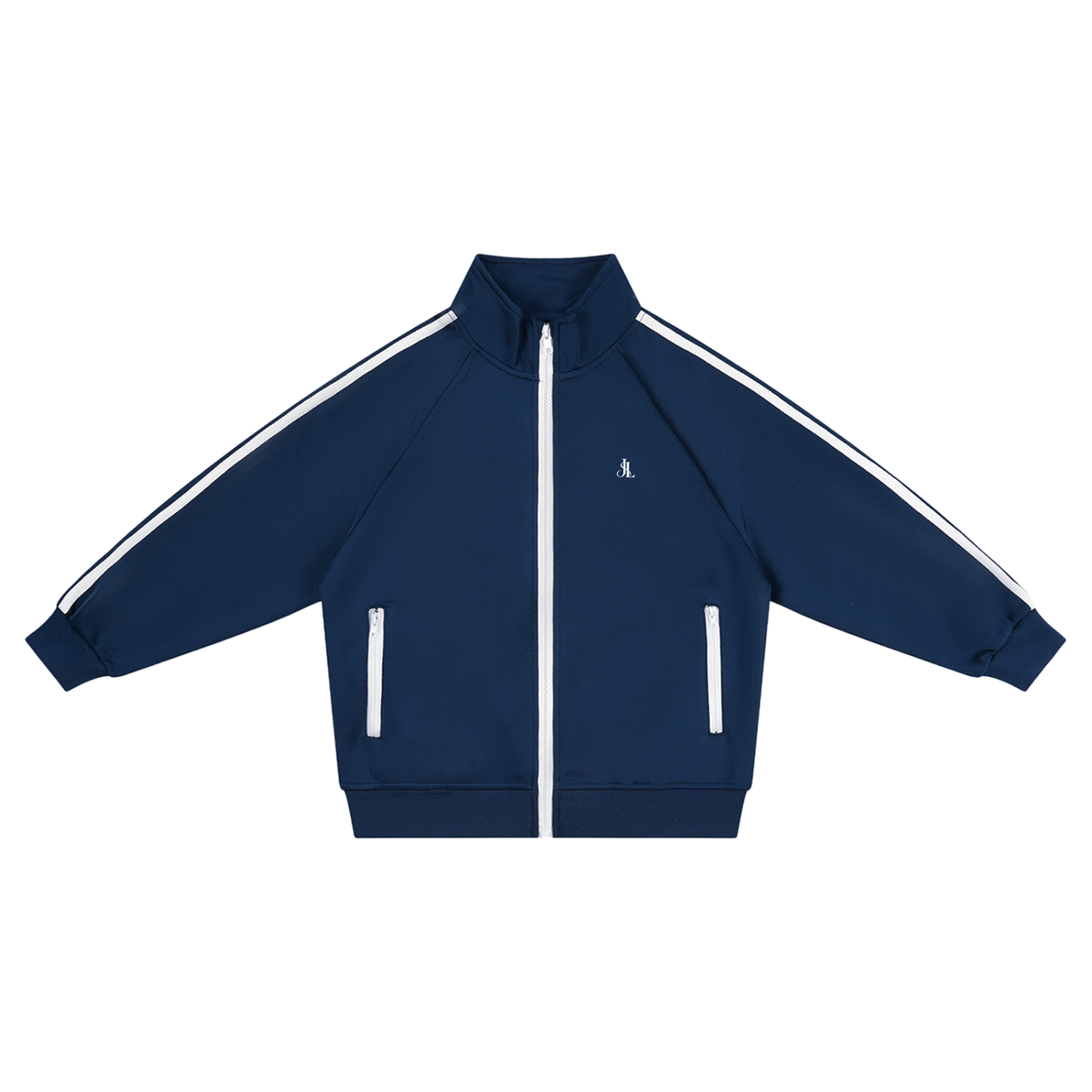 Boys royal blue contrast stripe sport jacket with stand collar and zip pockets