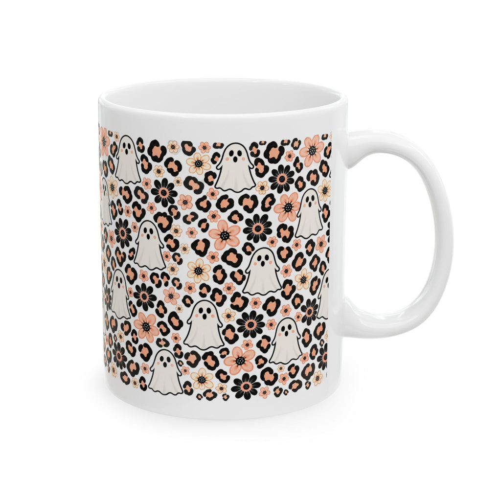 Cute Ghosts & Floral Leopard Print Ceramic Mug
