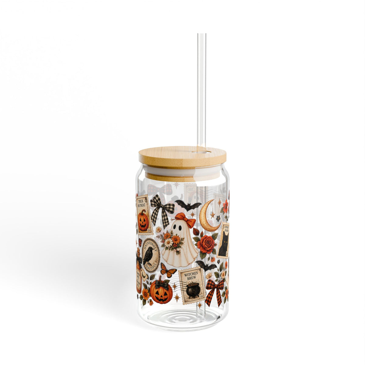 Vintage Halloween Stamp 16 oz glass cup with bamboo lid and straw