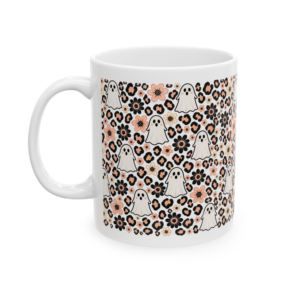 Cute Ghosts & Floral Leopard Print Ceramic Mug