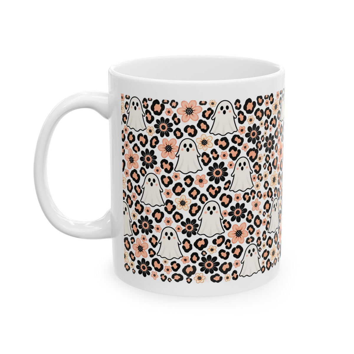 Cute Ghosts & Floral Leopard Print Ceramic Mug