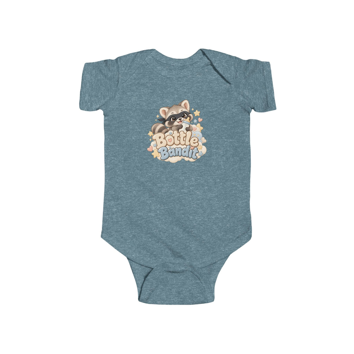 Raccoon baby bodysuit with Bottle Bandit design