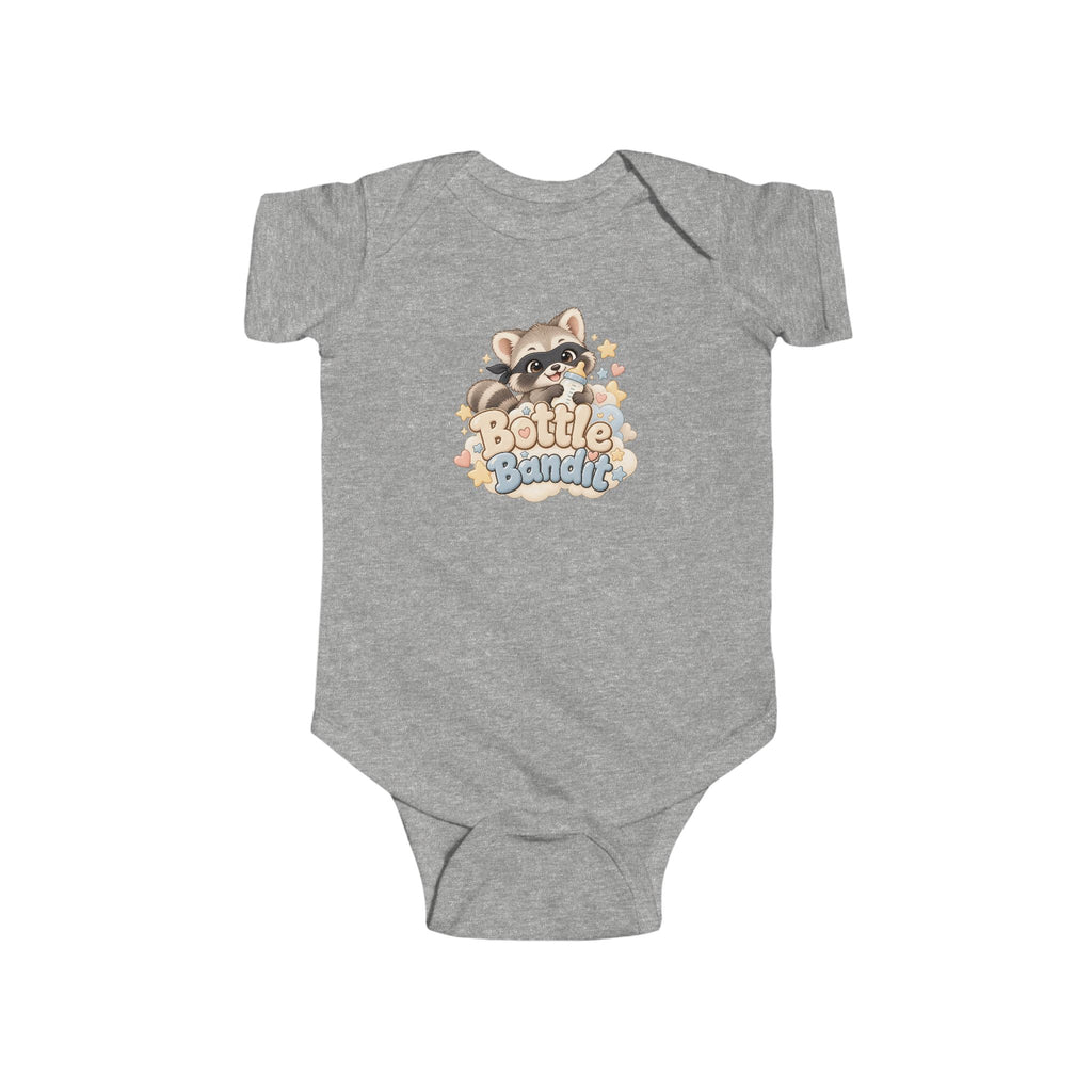 Cute raccoon Bottle Bandit baby bodysuit for newborns and infants